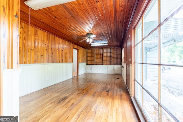 290 Mcree Dr, Camilla, GA 31730 - empty room with wooden walls, wood-type flooring, wooden ceiling, ceiling fan, and built in features