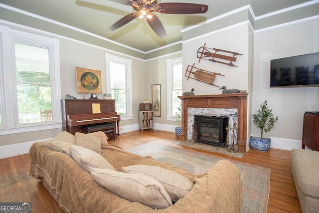 202 E Oak St, Luthersville, GA 30251 - living room with ceiling fan, wood finished floors, a premium fireplace, and crown molding