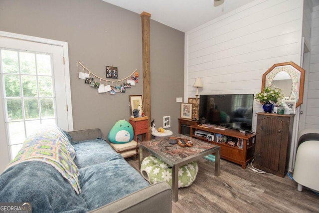 202 E Oak St, Luthersville, GA 30251 - living area featuring wood finished floors, a ceiling fan, recessed lighting, and wood walls