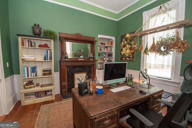 202 E Oak St, Luthersville, GA 30251 - office with a wainscoted wall, wood finished floors, crown molding, and built in features