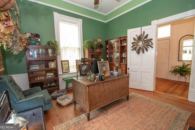 202 E Oak St, Luthersville, GA 30251 - home office featuring healthy amount of natural light, crown molding, wood finished floors, and ceiling fan