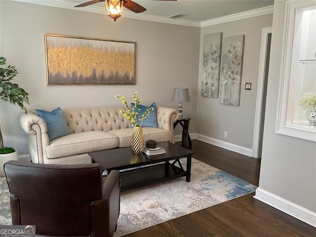 2170 Beecher Cir SW, Atlanta, GA 30311 - living room featuring a ceiling fan, wood finished floors, and crown molding