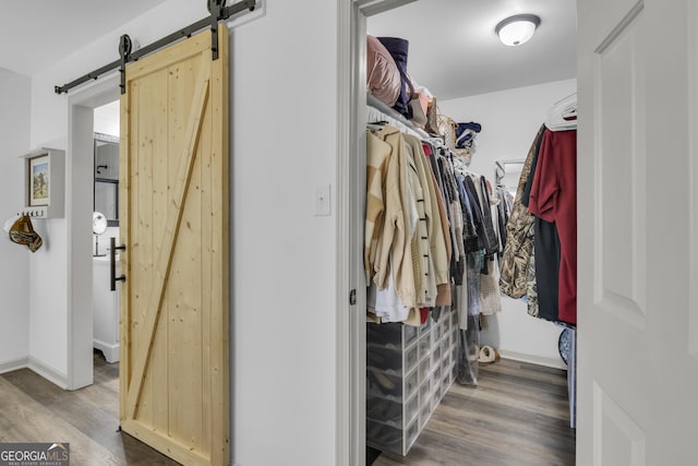 322 Pea Ridge Rd, Franklin, GA 30217 - walk in closet with a barn door and wood finished floors