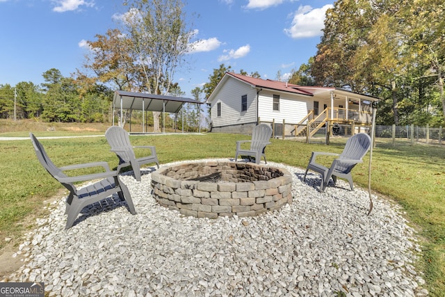 322 Pea Ridge Rd, Franklin, GA 30217 - view of patio featuring an outdoor fire pit, stairway, and a deck