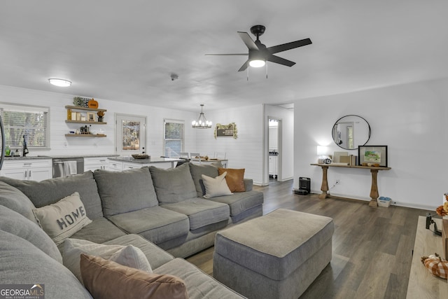 322 Pea Ridge Rd, Franklin, GA 30217 - living area featuring a chandelier, a ceiling fan, and dark wood-type flooring