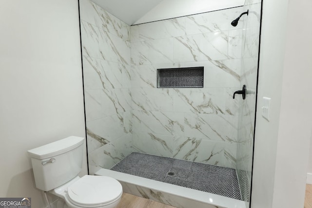 206 2nd St, Gainesville, GA 30504 - full bath featuring a shower stall, lofted ceiling, and wood finished floors