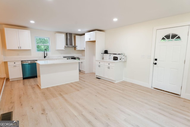 206 2nd St, Gainesville, GA 30504 - kitchen with dishwasher, wall chimney exhaust hood, a kitchen island, white cabinetry, and recessed lighting
