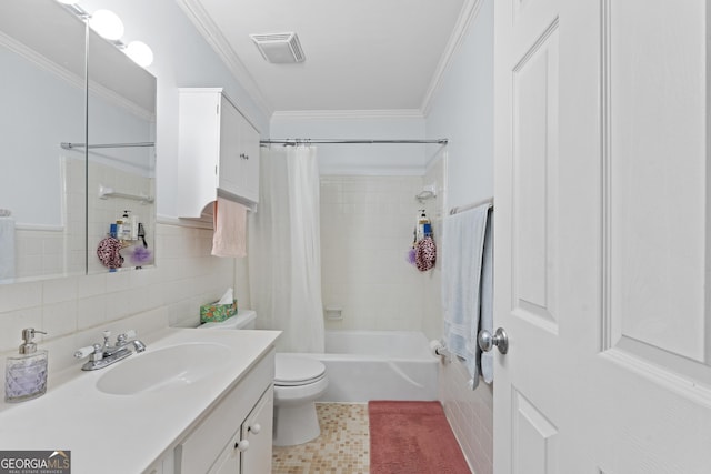 5400 Roswell Rd Apt L 6, Sandy Springs, GA 30342 - bathroom featuring vanity, shower / bath combination with curtain, tile walls, and ornamental molding