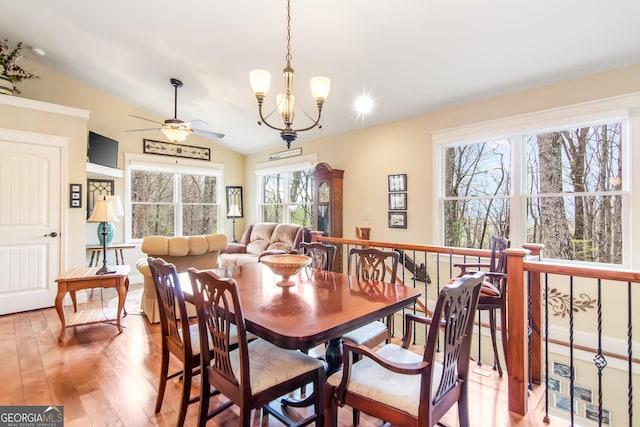 705 Laurel Ridge Dr, Ellijay, GA 30536 - dining area featuring ceiling fan, light wood finished floors, and vaulted ceiling