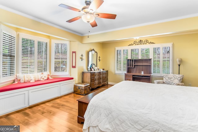 705 Laurel Ridge Dr, Ellijay, GA 30536 - bedroom with light wood-style floors, ornamental molding, and a ceiling fan