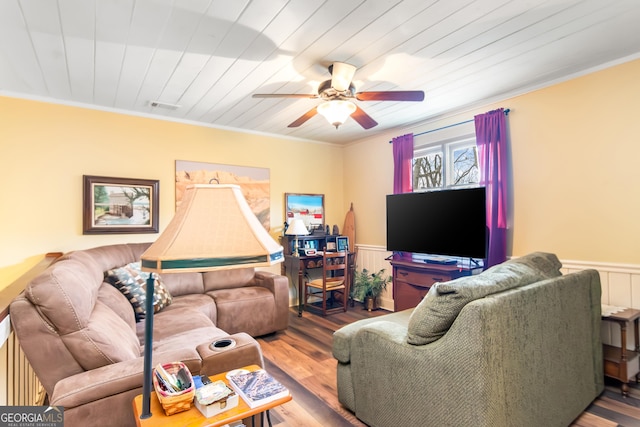 705 Laurel Ridge Dr, Ellijay, GA 30536 - living room with a wainscoted wall, a ceiling fan, crown molding, and wood finished floors