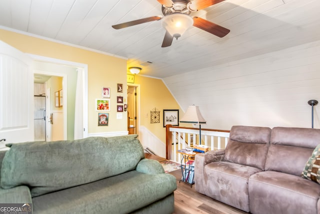 705 Laurel Ridge Dr, Ellijay, GA 30536 - living area featuring a ceiling fan, wood finished floors, wooden ceiling, and lofted ceiling