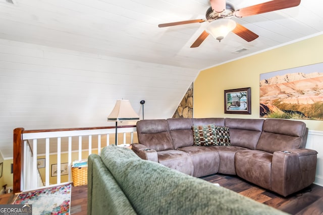 705 Laurel Ridge Dr, Ellijay, GA 30536 - living room featuring wood finished floors, a ceiling fan, and ornamental molding