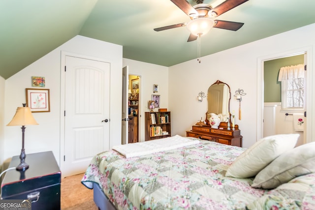 705 Laurel Ridge Dr, Ellijay, GA 30536 - carpeted bedroom featuring a closet, ceiling fan, and lofted ceiling