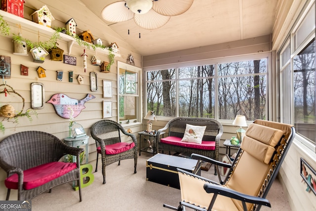 705 Laurel Ridge Dr, Ellijay, GA 30536 - sunroom featuring carpet floors, a ceiling fan, and vaulted ceiling