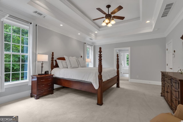140 Olivia Ct, Fayetteville, GA 30215 - bedroom featuring light carpet, multiple windows, a raised ceiling, ornamental molding, and recessed lighting