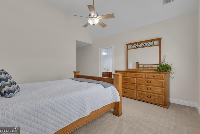 140 Olivia Ct, Fayetteville, GA 30215 - bedroom featuring light carpet, vaulted ceiling, ensuite bath, and ceiling fan