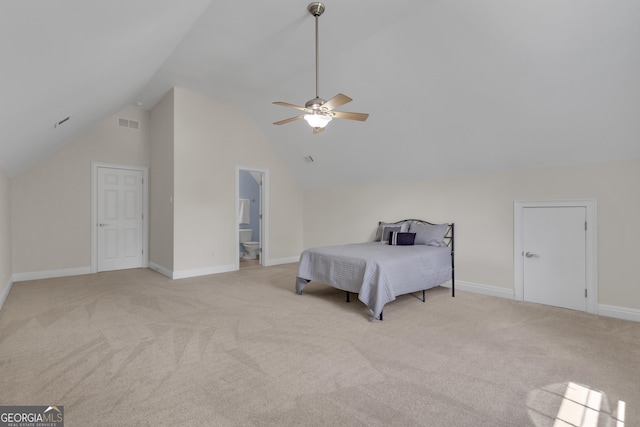 140 Olivia Ct, Fayetteville, GA 30215 - bedroom featuring lofted ceiling, carpet flooring, ceiling fan, and ensuite bath