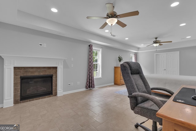 140 Olivia Ct, Fayetteville, GA 30215 - office with ceiling fan, recessed lighting, and a tile fireplace