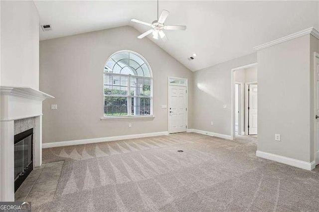2721 Grapevine Cir Unit 1701, Cumming, GA 30041 - unfurnished living room featuring ceiling fan, lofted ceiling, a fireplace, and carpet flooring