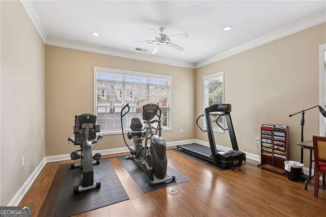 2721 Grapevine Cir Unit 1701, Cumming, GA 30041 - exercise room with wood finished floors, a ceiling fan, recessed lighting, and ornamental molding
