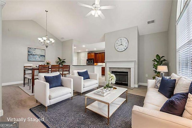 2721 Grapevine Cir Unit 1701, Cumming, GA 30041 - living area featuring a ceiling fan, a chandelier, high vaulted ceiling, recessed lighting, and a fireplace