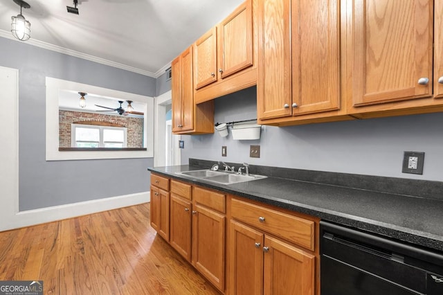 960 Taft Ave NE Unit 9, Atlanta, GA 30309 - kitchen with dishwasher, dark countertops, crown molding, a ceiling fan, and light wood-type flooring