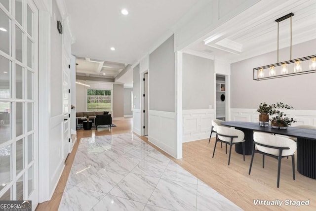 2243 Cain Cir, Dacula, GA 30019 - dining room with a decorative wall, ornamental molding, recessed lighting, light marble finish flooring, and a wainscoted wall