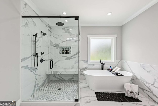 2243 Cain Cir, Dacula, GA 30019 - full bathroom featuring a soaking tub, a marble finish shower, marble finish floors, recessed lighting, and a wainscoted wall