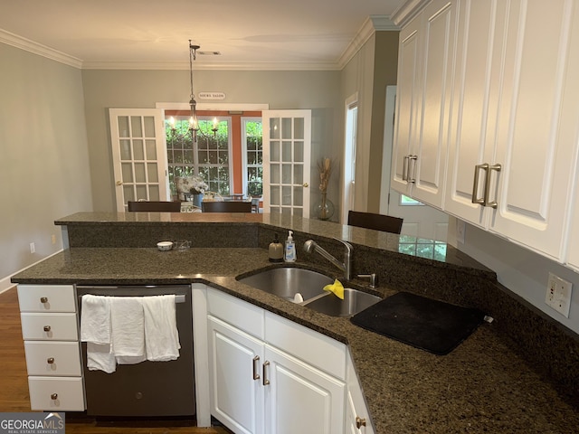 102 Cameron Pointe Dr, Lagrange, GA 30240 - kitchen featuring stainless steel dishwasher, french doors, white cabinetry, dark stone countertops, and crown molding