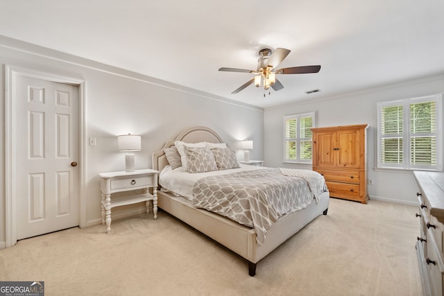 2502 Tritt Springs Trce NE, Marietta, GA 30062 - bedroom with light colored carpet, crown molding, and ceiling fan