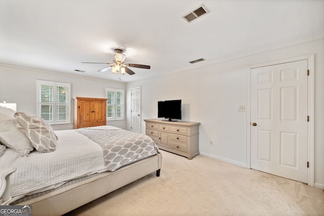 2502 Tritt Springs Trce NE, Marietta, GA 30062 - bedroom with light carpet, crown molding, and a ceiling fan