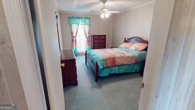 895 Ga Highway 57, Kite, GA 31049 - carpeted bedroom featuring crown molding, a textured ceiling, and ceiling fan