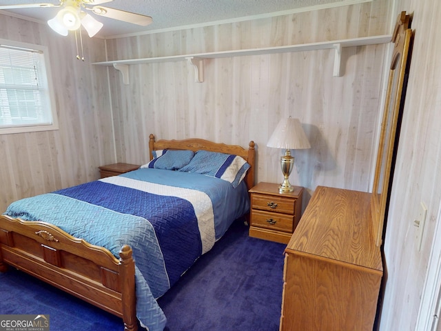 895 Ga Highway 57, Kite, GA 31049 - bedroom featuring dark colored carpet, wood walls, a ceiling fan, and ornamental molding