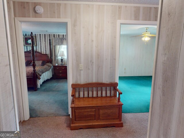 895 Ga Highway 57, Kite, GA 31049 - hall with carpet floors, wood walls, and ornamental molding