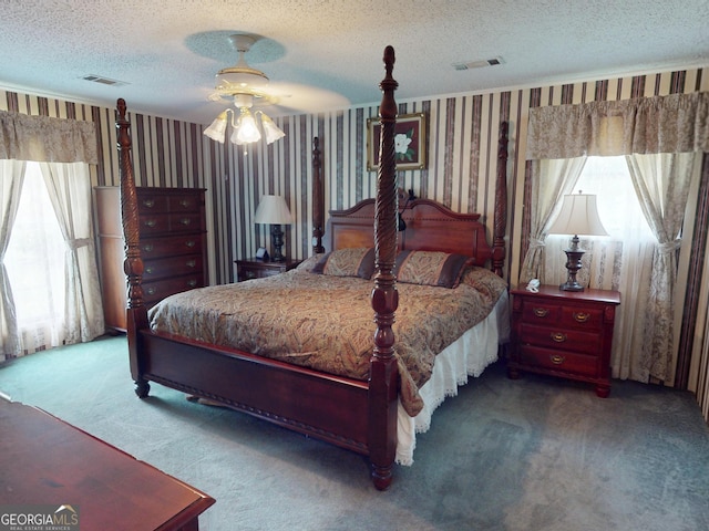 895 Ga Highway 57, Kite, GA 31049 - bedroom with wallpapered walls, multiple windows, carpet flooring, and a textured ceiling