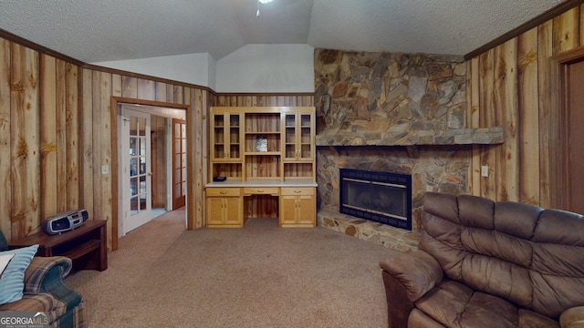 895 Ga Highway 57, Kite, GA 31049 - living area with wood walls, carpet floors, lofted ceiling, a textured ceiling, and a fireplace