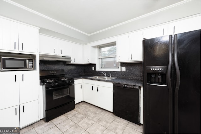3027 Lansing Ave, Columbus, GA 31907 - kitchen featuring black appliances, under cabinet range hood, dark countertops, light tile patterned floors, and ornamental molding