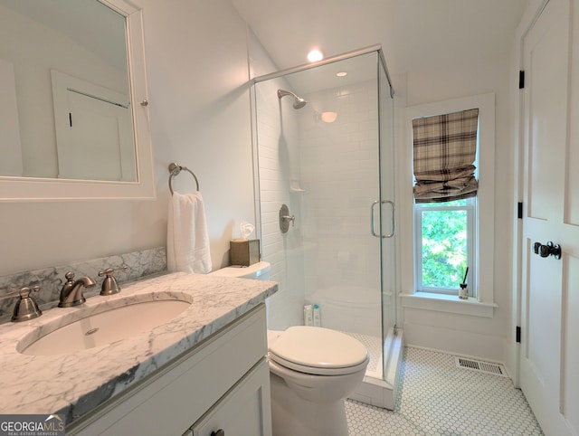 10540 Serenbe Ln, Chattahoochee Hills, GA 30268 - bathroom with vanity, a shower stall, and tile patterned floors