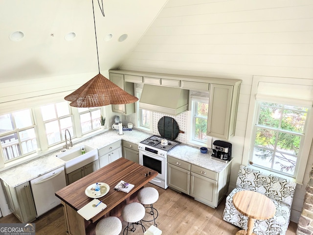 10540 Serenbe Ln, Chattahoochee Hills, GA 30268 - kitchen with white appliances, light wood finished floors, vaulted ceiling, gray cabinets, and light stone counters