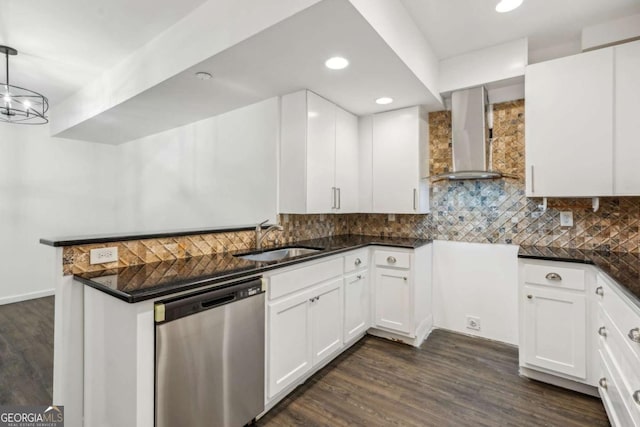 2539 Larson Creek Cv, Duluth, GA 30097 - kitchen with dishwasher, wall chimney range hood, white cabinetry, a peninsula, and recessed lighting