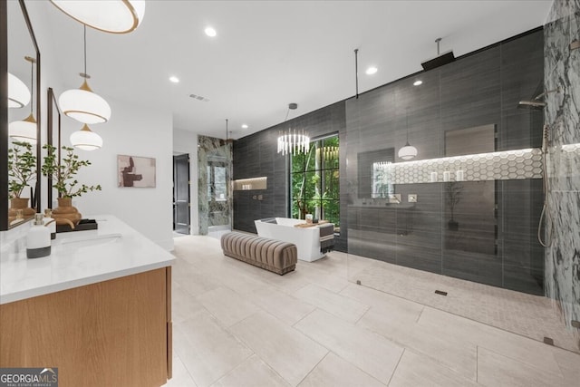 4451 Shellie Ln, Oakwood, GA 30566 - full bath featuring vanity, a stall shower, a freestanding tub, recessed lighting, and tile patterned flooring