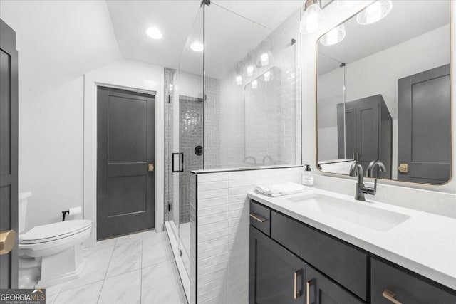 4451 Shellie Ln, Oakwood, GA 30566 - bathroom with marble look tile flooring, vanity, a shower stall, and recessed lighting
