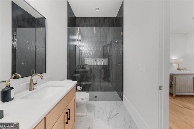 4451 Shellie Ln, Oakwood, GA 30566 - bathroom featuring vanity, a stall shower, and marble look tiles