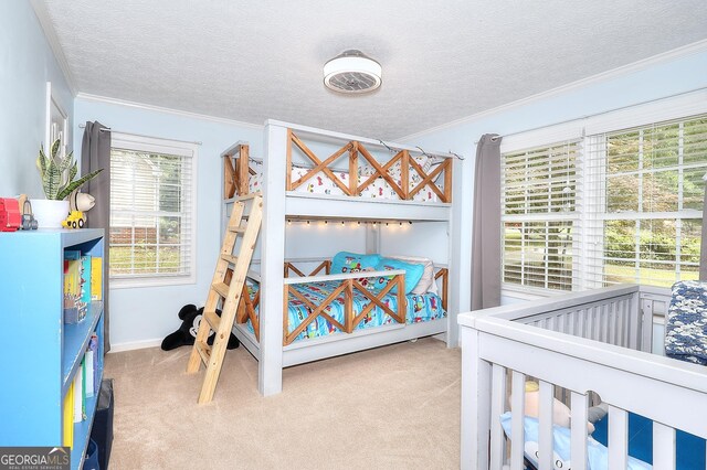 241 Lavern Ct, Winder, GA 30680 - bedroom with crown molding, carpet flooring, and a textured ceiling
