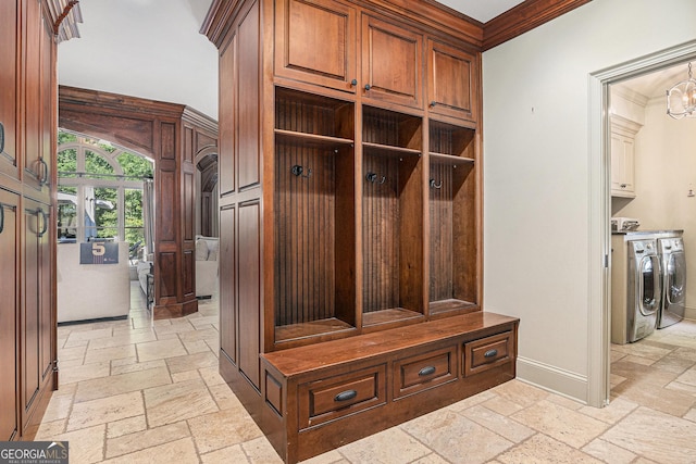 1155 Admiral Xing, Alpharetta, GA 30005 - mudroom featuring stone tile floors, washing machine and clothes dryer, and crown molding