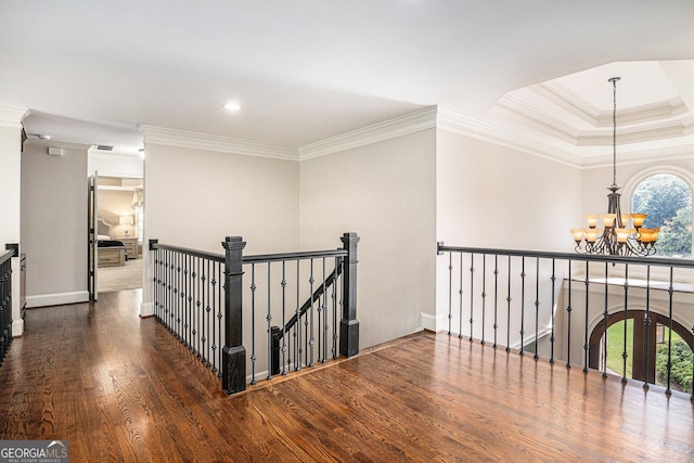1155 Admiral Xing, Alpharetta, GA 30005 - hallway with a chandelier, an upstairs landing, crown molding, wood finished floors, and recessed lighting