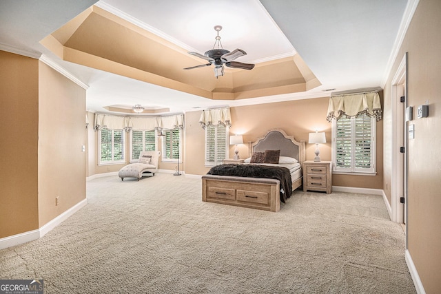 1155 Admiral Xing, Alpharetta, GA 30005 - bedroom with carpet flooring, a tray ceiling, crown molding, and a ceiling fan