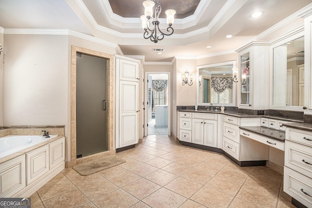 1155 Admiral Xing, Alpharetta, GA 30005 - bathroom featuring vanity, a garden tub, a chandelier, crown molding, and a stall shower
