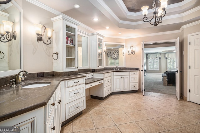 1155 Admiral Xing, Alpharetta, GA 30005 - ensuite bathroom with crown molding, vanity, a chandelier, a raised ceiling, and recessed lighting